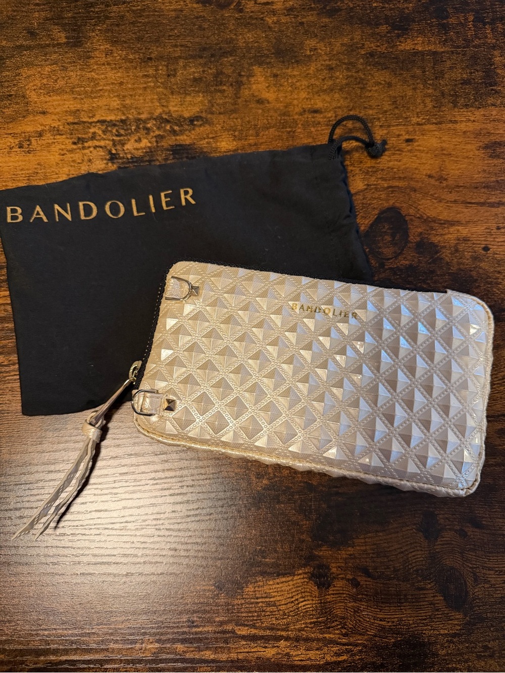 NEW: Bandolier Sheila Pearl Crème Pyramid Stud Expanded Pouch